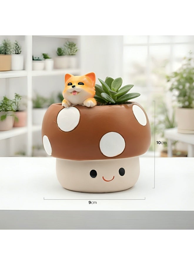 Beram Brown Mushroom Smiling Cat Planter Polyresin Decorative Flower Pot Cute Animal Succulent Holder with Drainage Hole Indoor Outdoor Home Office Desk Decor Pen Pencil HolderKit Gift(Brown-) - Image 3